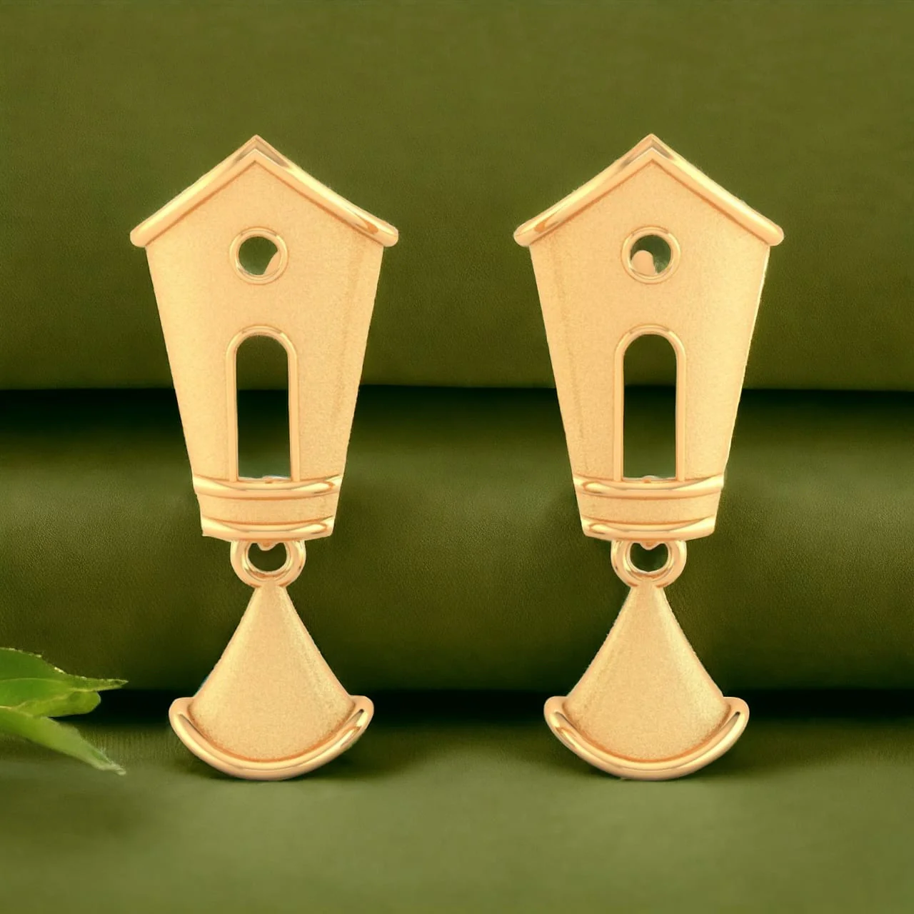22KT (916) Yellow Gold Temple Design Drop Earrings With Cone Charm - Image 2