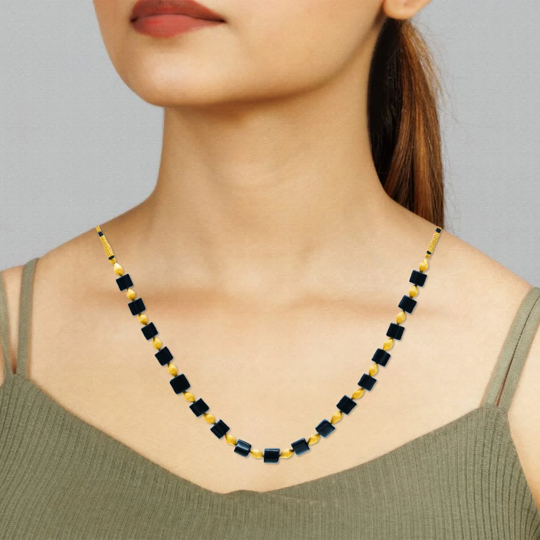 22KT (916) Yellow Gold Traditional Black Cube Beads Design Thusi Necklace - Image 4