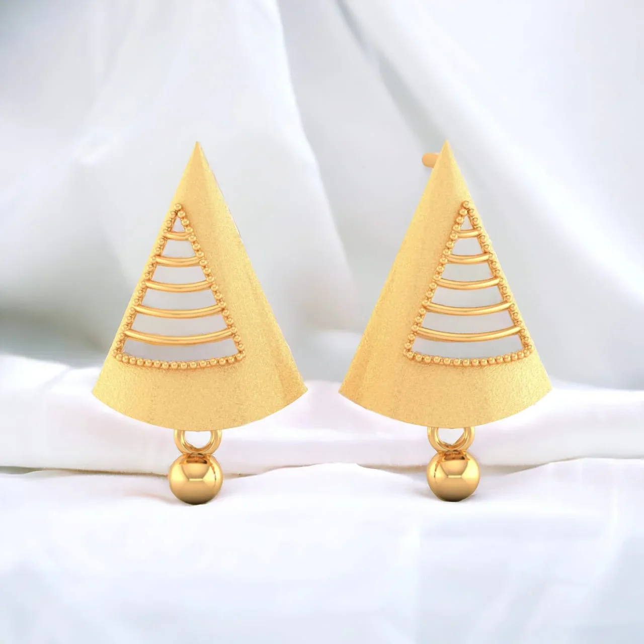 22KT (916) Yellow Gold Triangle Cut-out Drop Earrings With Beaded Details And Dangling Spheres - Image 2
