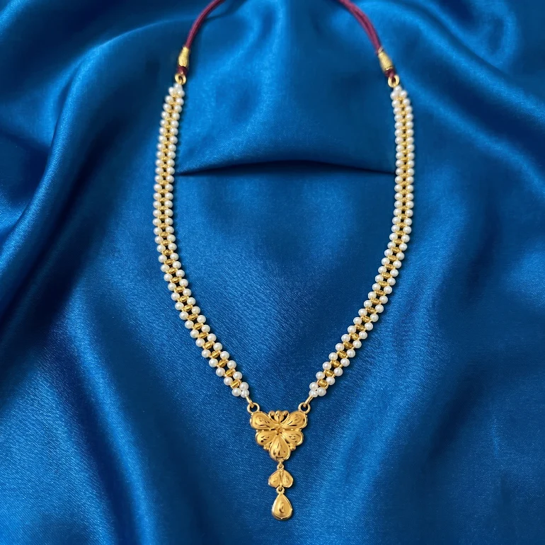 22KT Gold & Pearl Butterfly Necklace with Triple Drop & Tassel