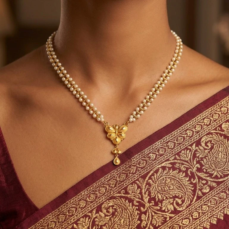 22KT Gold & Pearl Butterfly Necklace with Triple Drop & Tassel - Image 2