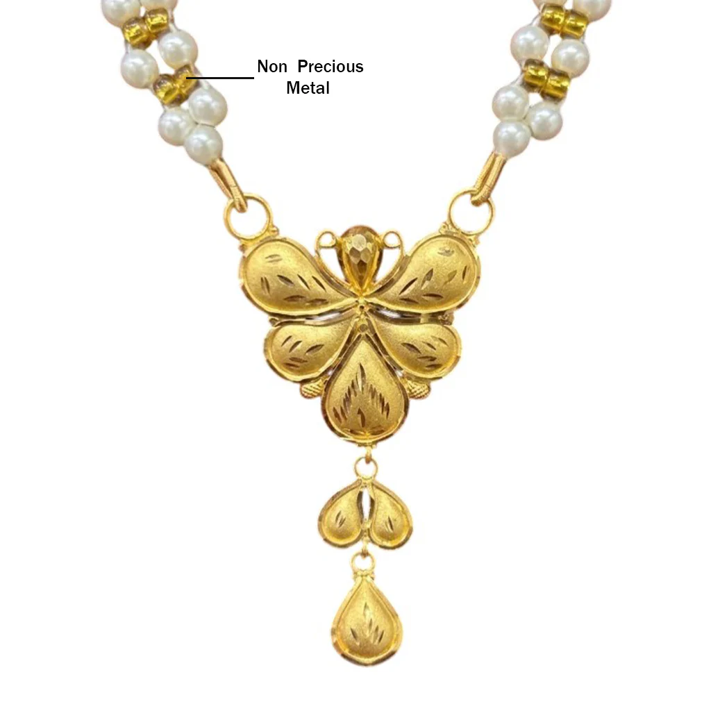 22KT Gold & Pearl Butterfly Necklace with Triple Drop & Tassel - Image 3
