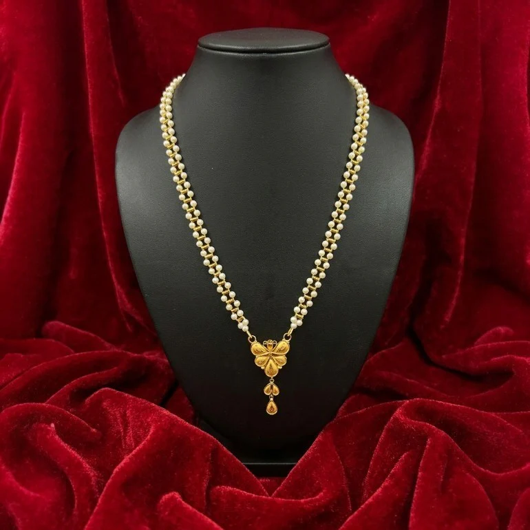 22KT Gold & Pearl Butterfly Necklace with Triple Drop & Tassel - Image 5