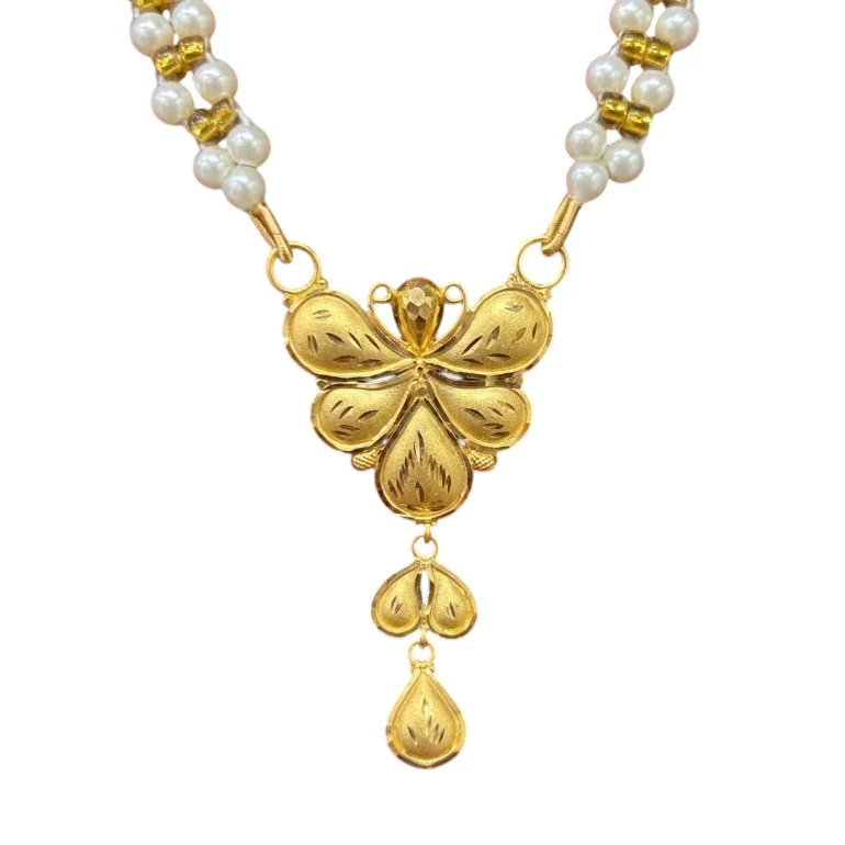 22KT Gold & Pearl Butterfly Necklace with Triple Drop & Tassel - Image 6