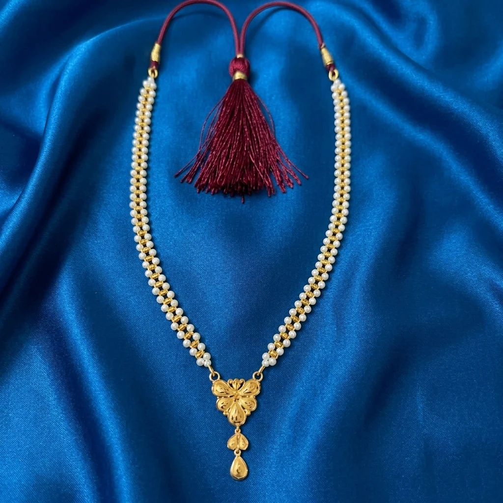 22KT Gold & Pearl Butterfly Necklace with Triple Drop & Tassel - Image 7