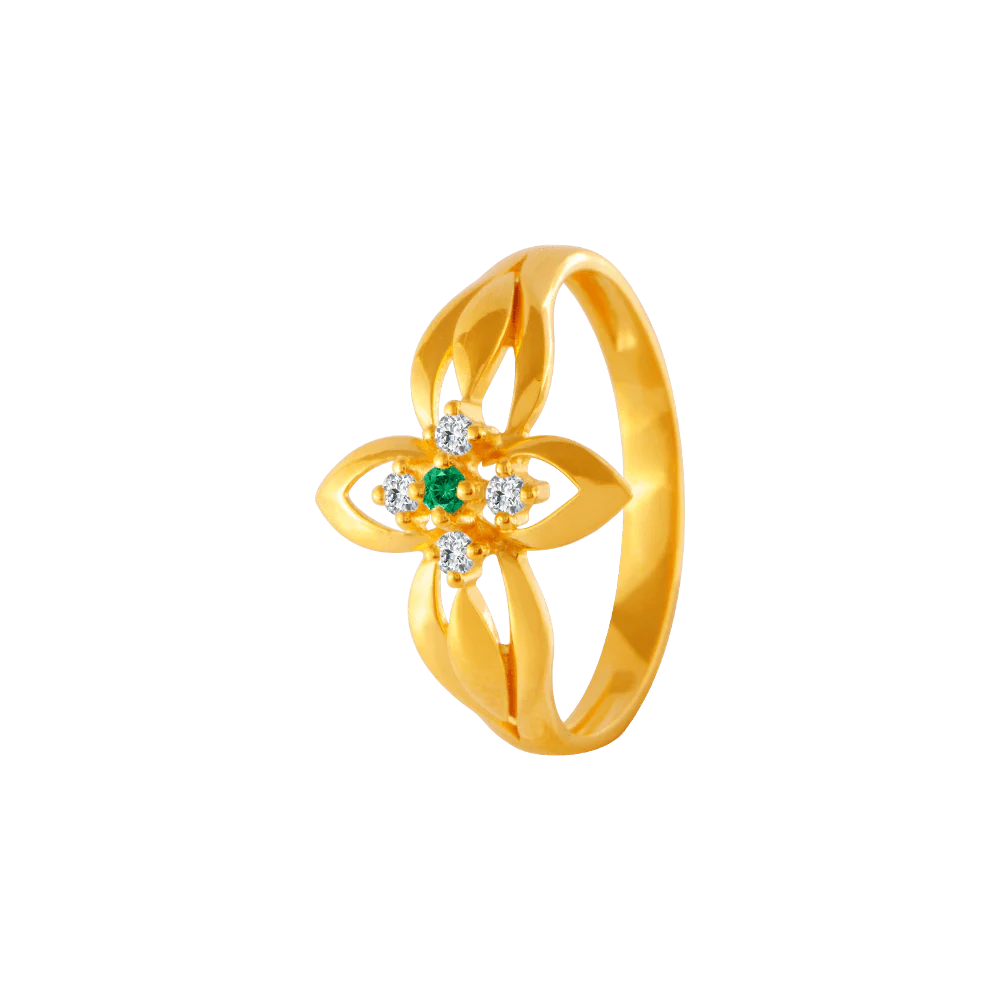 22KT Yellow Gold, American Diamond And Emerald Ring For Women