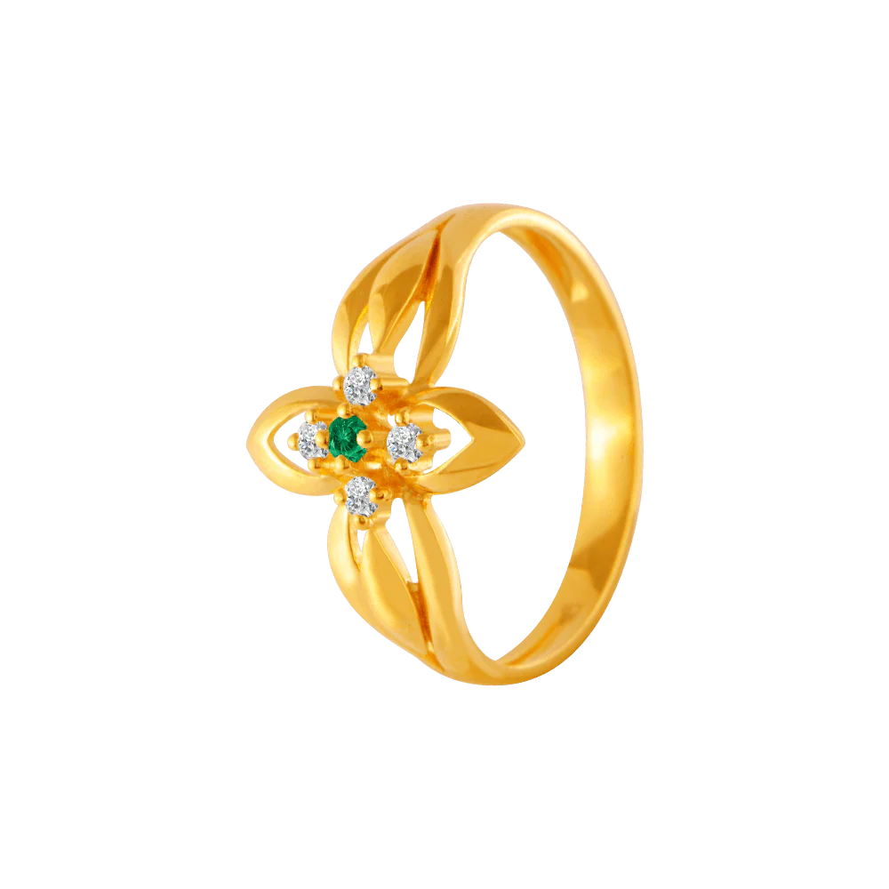 22KT Yellow Gold, American Diamond And Emerald Ring For Women - Image 3