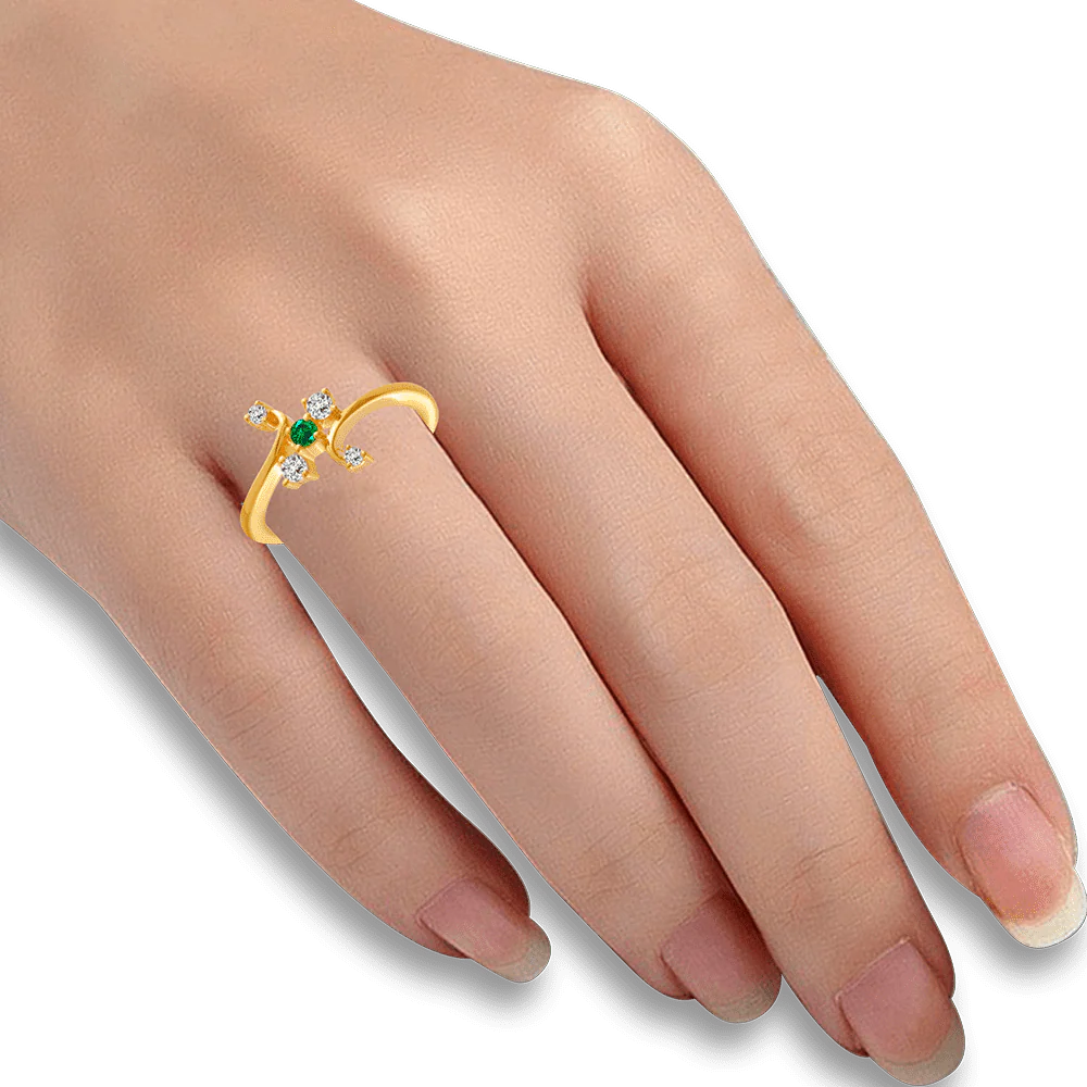 22KT Yellow Gold, American Diamond And Emerald Ring For Women - Image 2