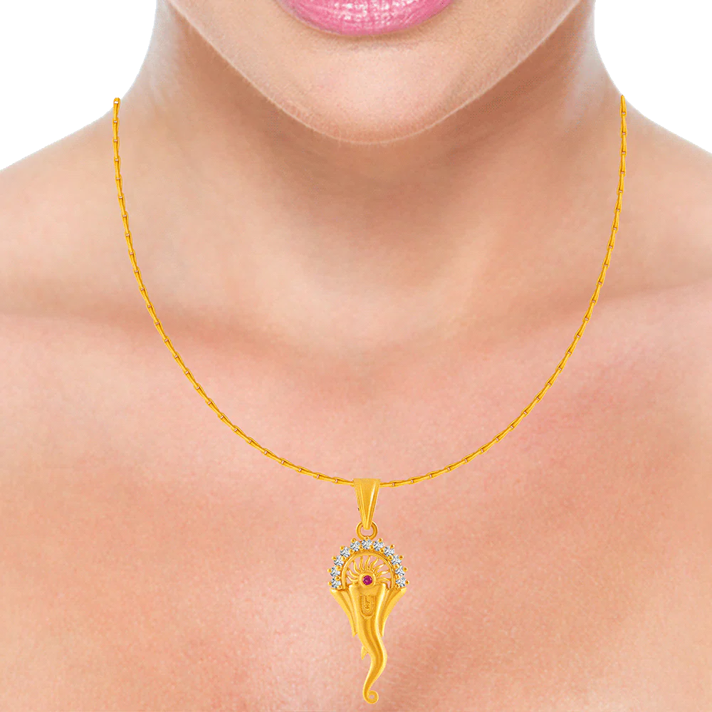 22KT Yellow Gold American Diamond And Ruby Pendant For Women - Image 3