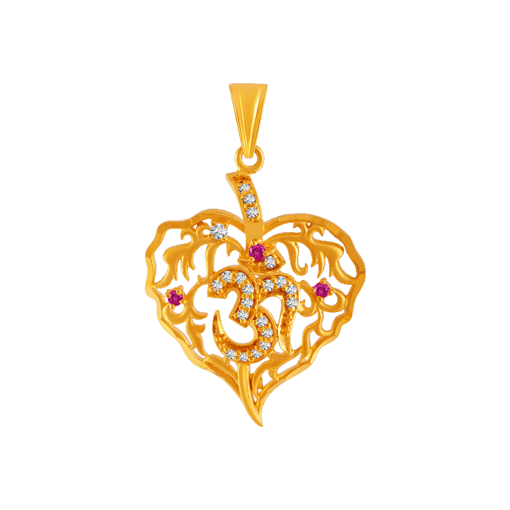 22KT Yellow Gold, American Diamond And Ruby Pendant For Women