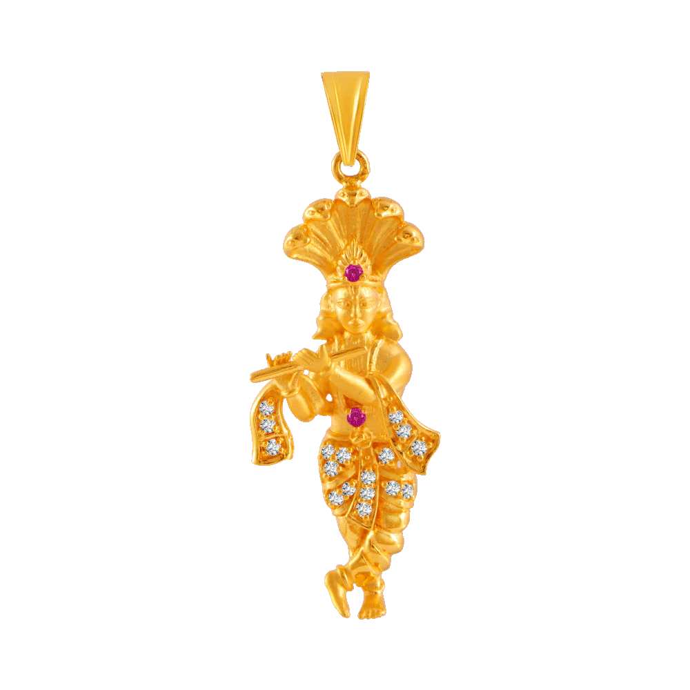 22KT Yellow Gold, American Diamond And Ruby Pendant For Women