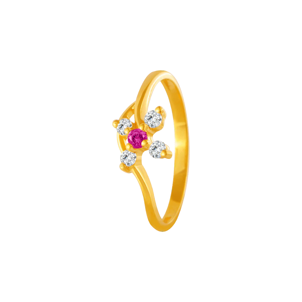 22KT Yellow Gold, American Diamond And Ruby Ring For Women