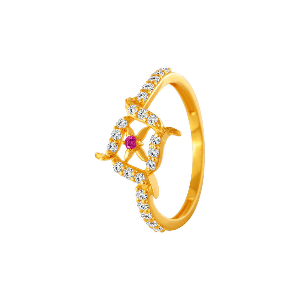 22KT Yellow Gold, American Diamond And Ruby Ring For Women