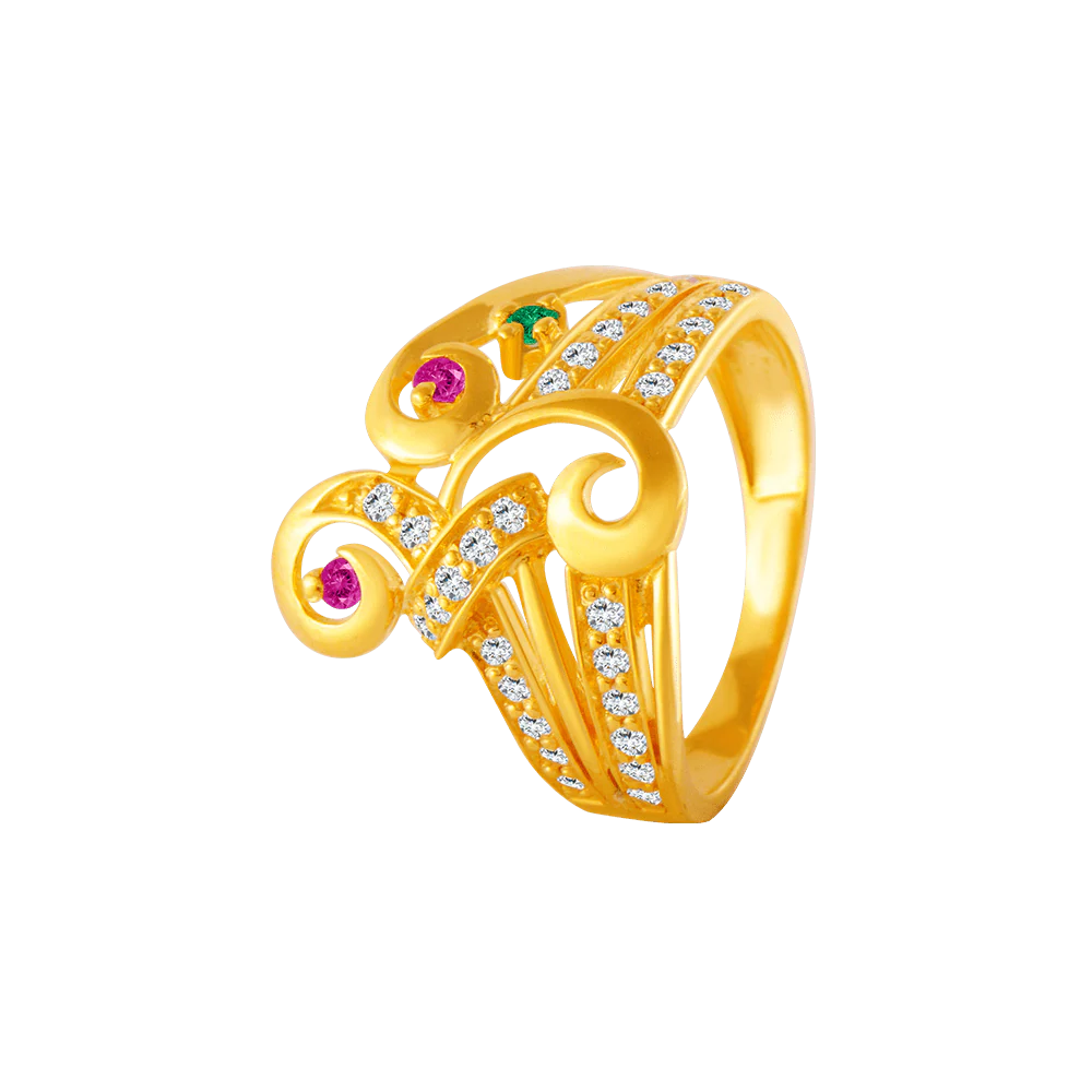22KT Yellow Gold, American Diamond And Ruby Ring For Women