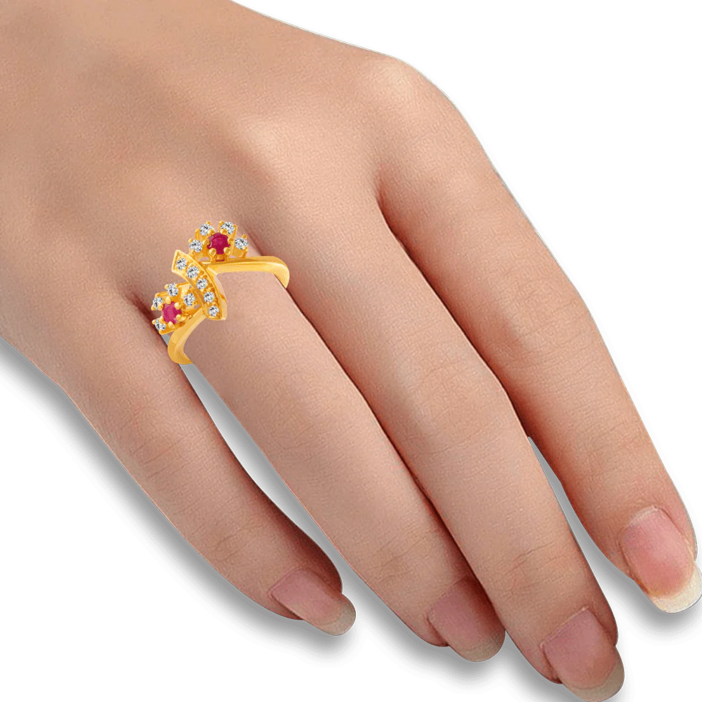 22KT Yellow Gold, American Diamond And Ruby Ring For Women - Image 2