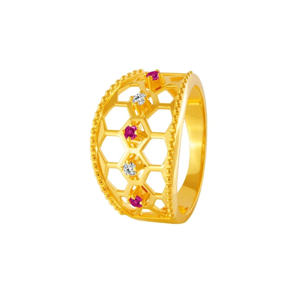 22KT Yellow Gold, American Diamond And Ruby Ring For Women - Image 2