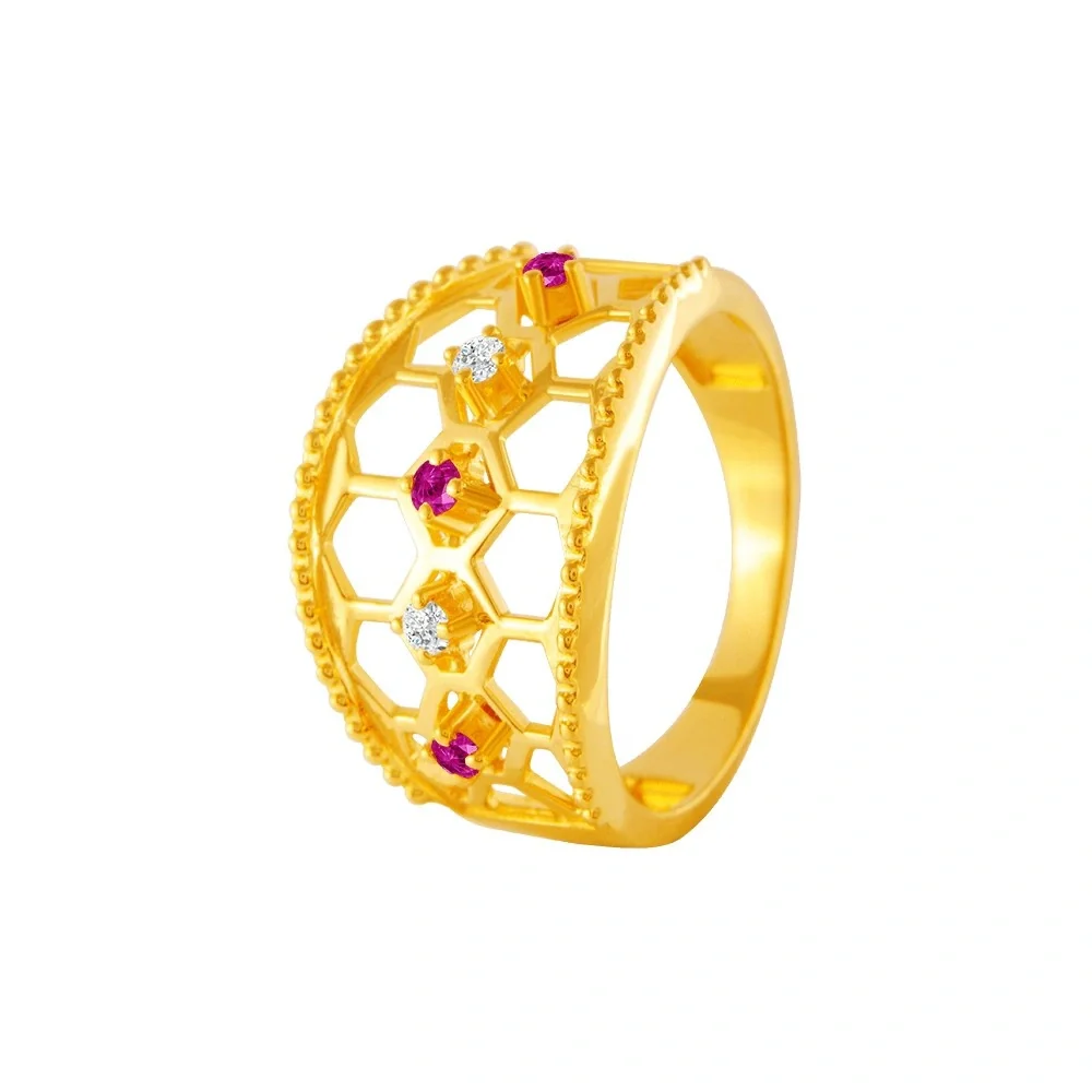 22KT Yellow Gold, American Diamond And Ruby Ring For Women - Image 3