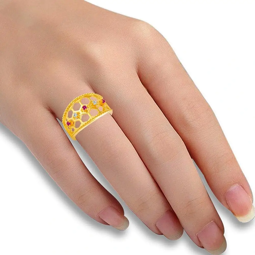 22KT Yellow Gold, American Diamond And Ruby Ring For Women - Image 5