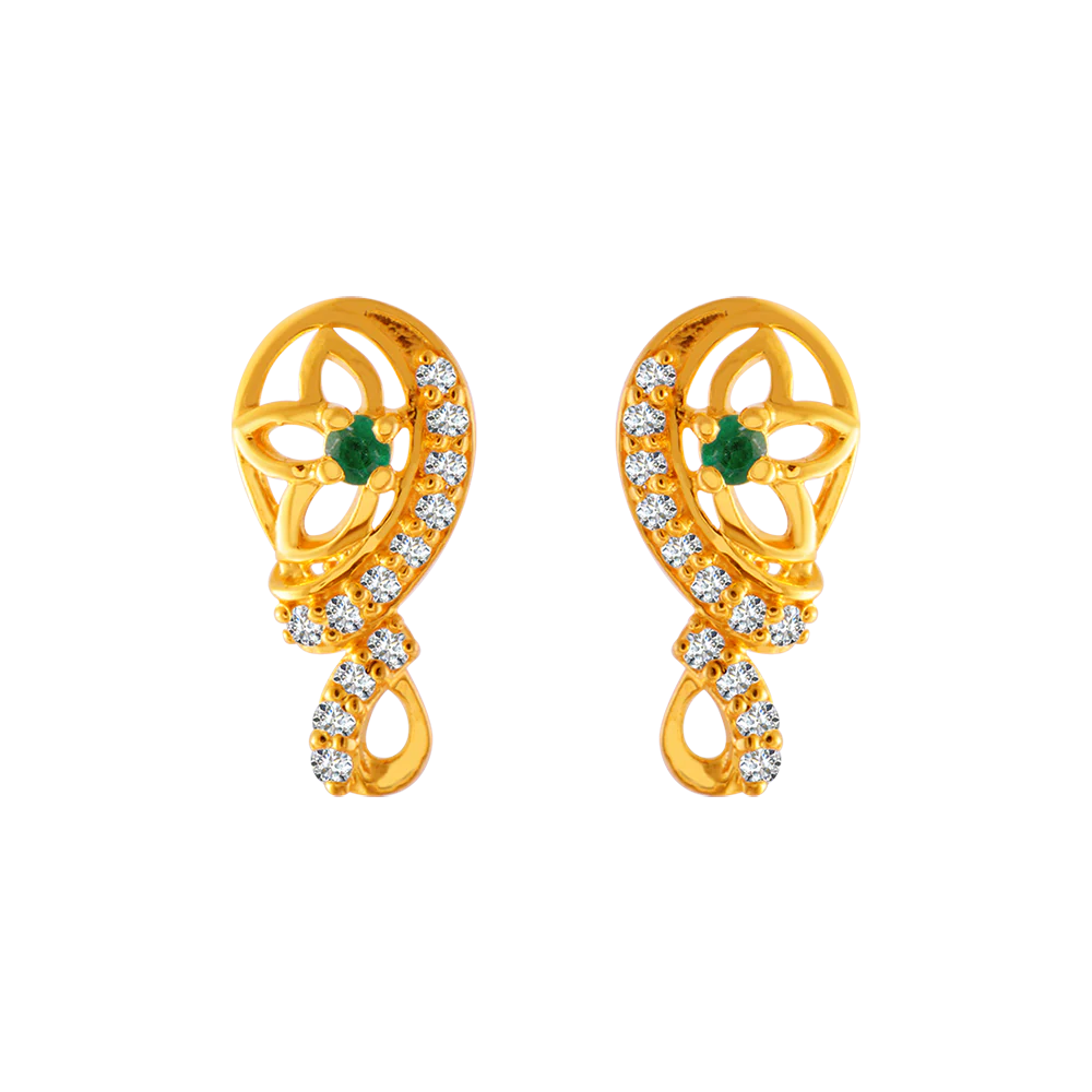 22KT Yellow Gold And American Diamond Stud Earrings For Women