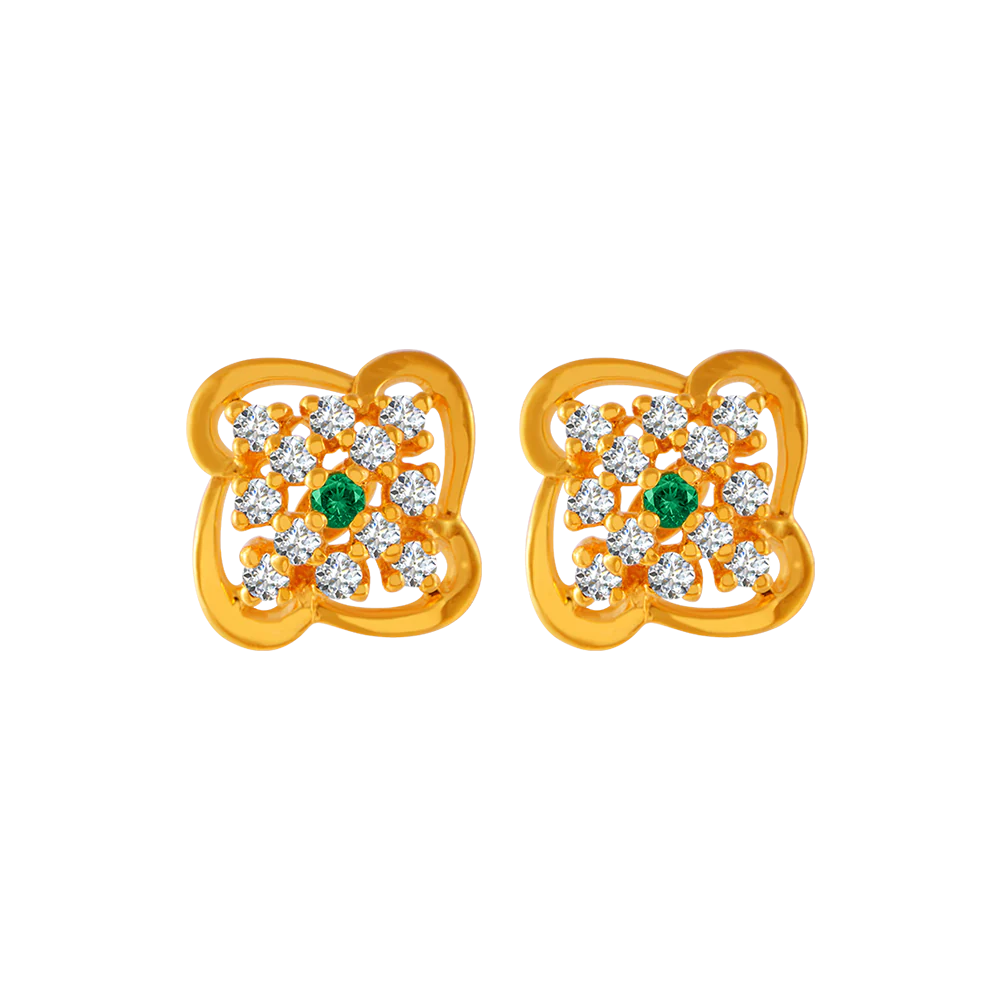 22KT Yellow Gold And American Diamond Stud Earrings For Women