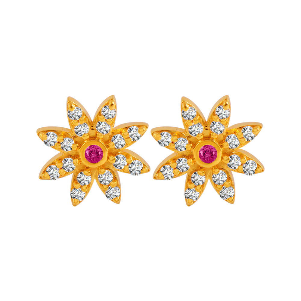 22KT Yellow Gold And American Diamond Stud Earrings For Women