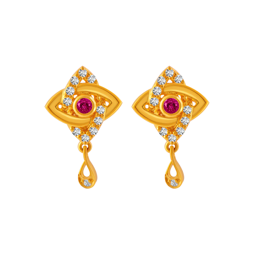 22KT Yellow Gold And American Diamond Stud Earrings For Women