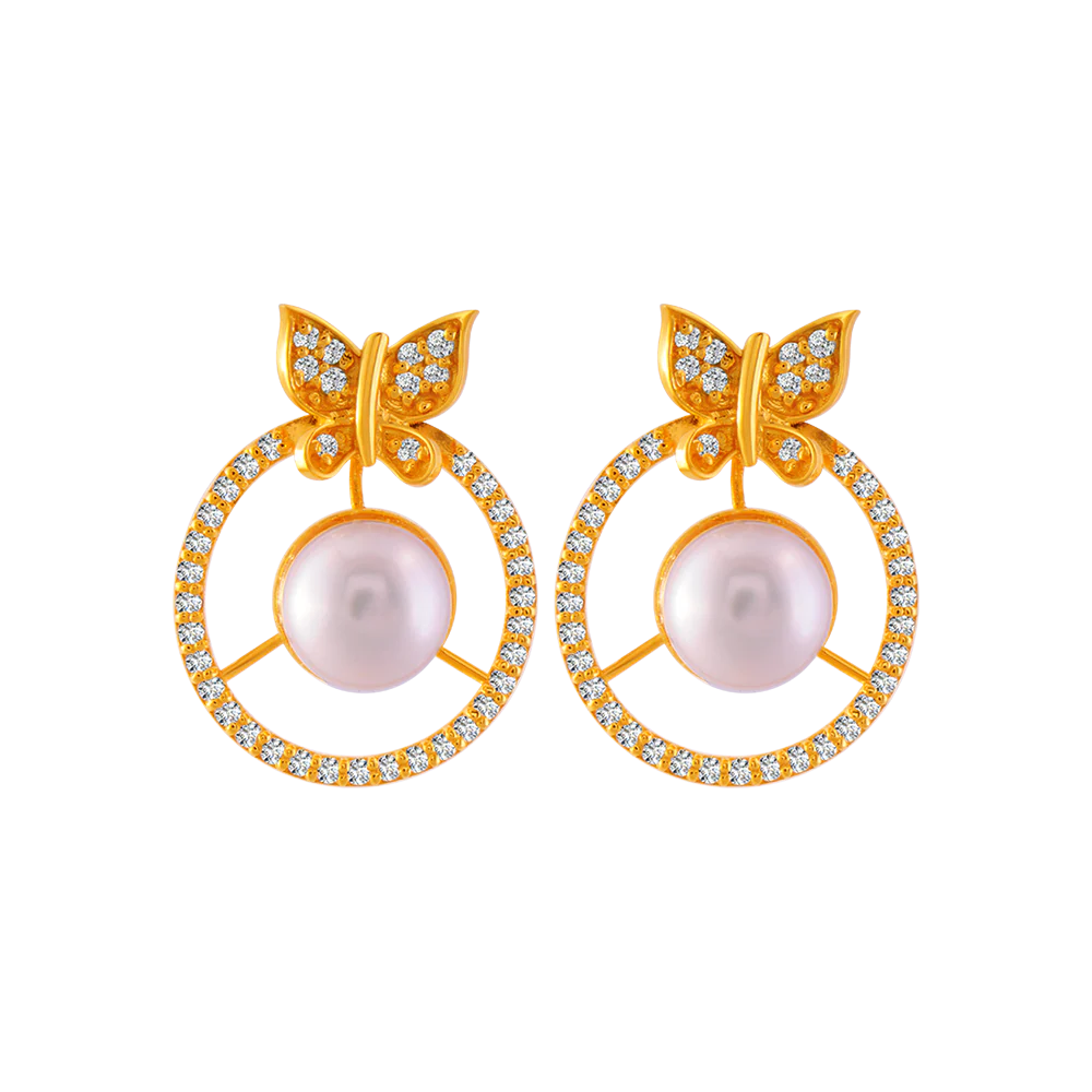 22KT Yellow Gold And American Diamond Stud Earrings For Women