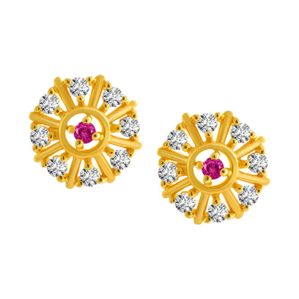 22KT Yellow Gold And American Diamond Stud Earrings For Women