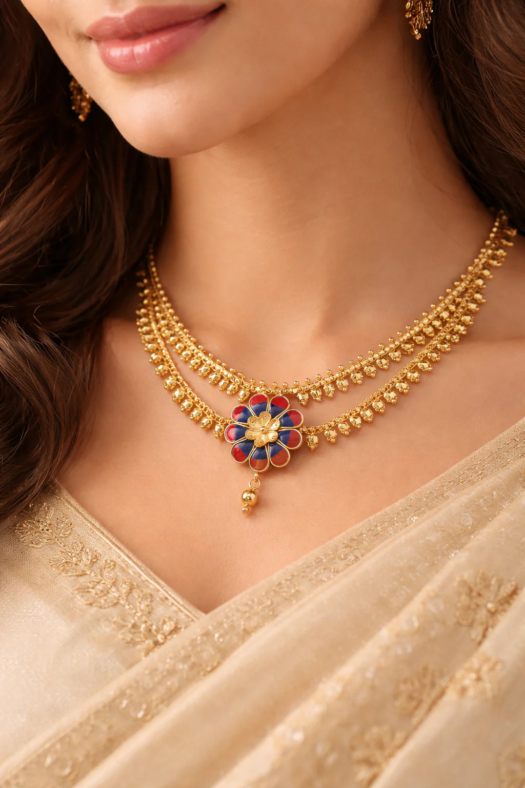 22KT Zivara Gold Center Flower Motif Enamel Traditional Necklace for Women - Image 3