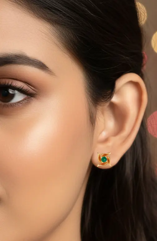 9KT (375) Gold Aarohi Swirl Stud Earrings with Green Stones - Image 3