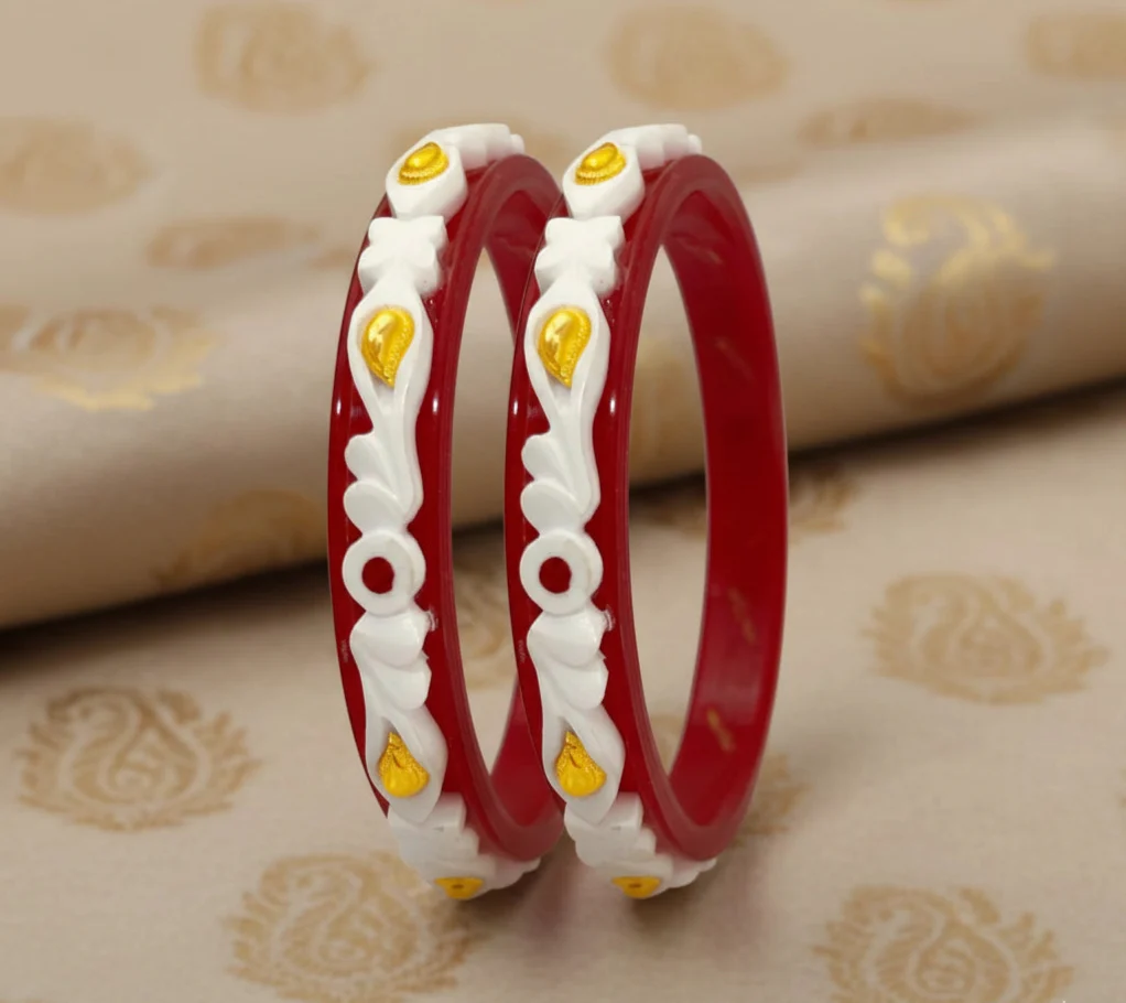 Aaradhya Sankha 22KT (916) Yellow Gold Synthetic Sankha Pola Bangles for Women - 2 Piece Set, Size 13