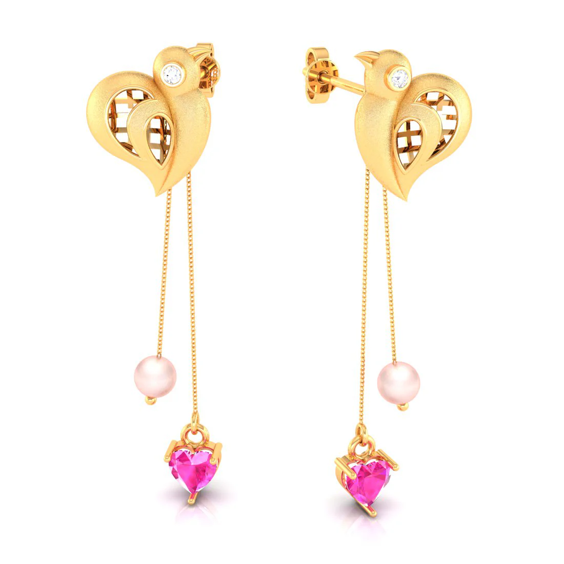 Birds With Pink Hearts And Balls 22k Gold Diamond Earrings - Image 3