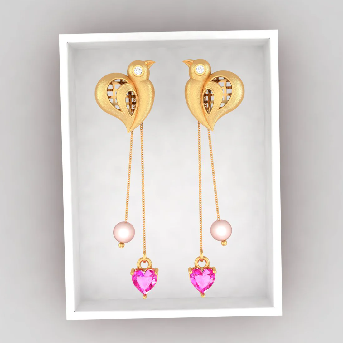 Birds With Pink Hearts And Balls 22k Gold Diamond Earrings - Image 6