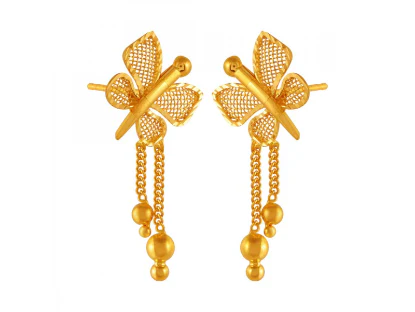 Butterfly Shaped 22k Gold Drop Earrings With Jali Work - Image 3