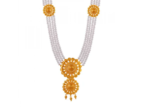 Charming 22k Gold And Pearls Jewellery Set With Round Flower Motif - Image 3