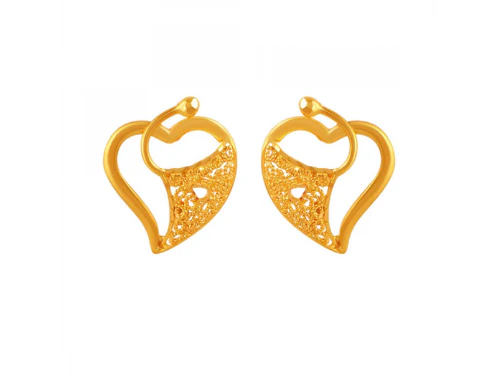 Charming 22k Heart Shape Gold Stud Earrings With Intricate Details