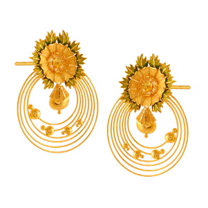 Circular Spiral 22k Gold Stud Earrings With Floral & Leafy Details - Image 2