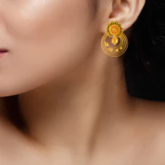 Circular Spiral 22k Gold Stud Earrings With Floral & Leafy Details - Image 3