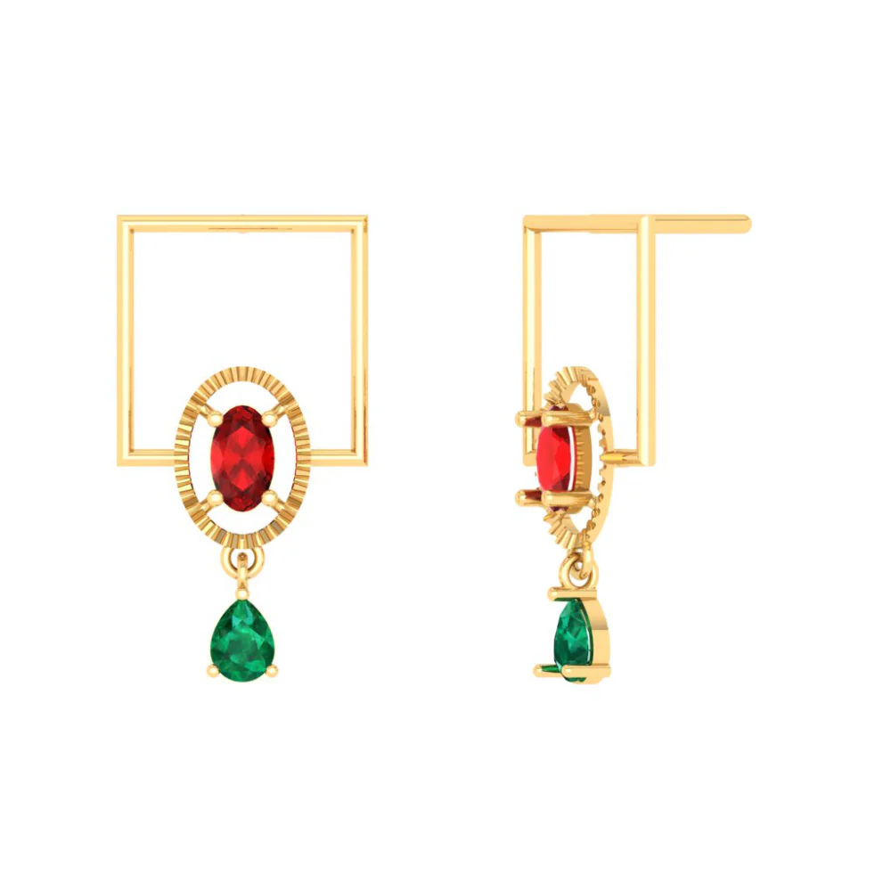 Classy Green & Red Stone Studded Gold Earrings - Image 2
