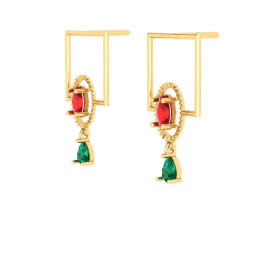 Classy Green & Red Stone Studded Gold Earrings - Image 4