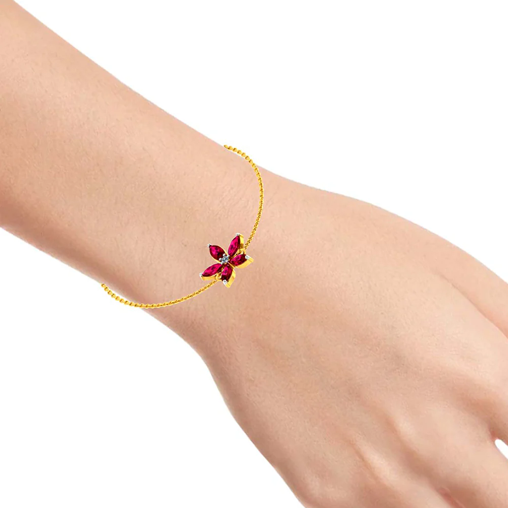 Designer 18k Gold And Red Gemstone Embellished Flower Motif Bracelet For Women From Diamond Collection Pc Chandra - Image 5