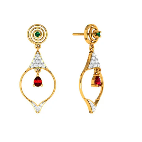 Diamond Embedded Drop Dangler With Precious Red Stone In 14k Gold Earrings - Image 2