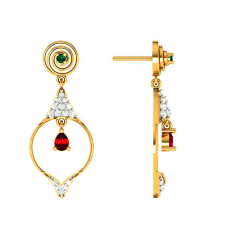 Diamond Embedded Drop Dangler With Precious Red Stone In 14k Gold Earrings - Image 3