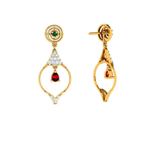 Diamond Embedded Drop Dangler With Precious Red Stone In 14k Gold Earrings - Image 4