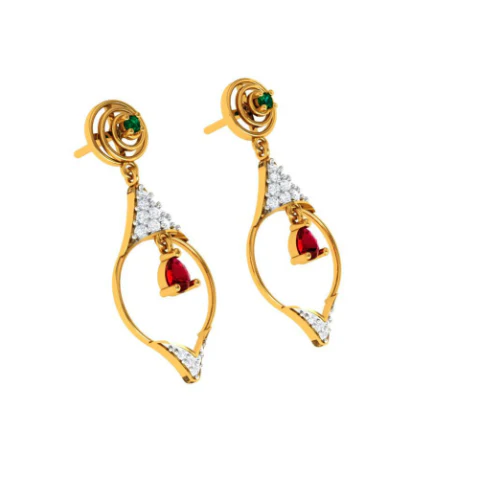 Diamond Embedded Drop Dangler With Precious Red Stone In 14k Gold Earrings - Image 5