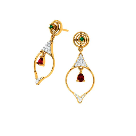 Diamond Embedded Drop Dangler With Precious Red Stone In 14k Gold Earrings - Image 6