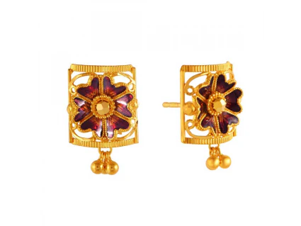 Distinctively Designed Flower Shape 22k Gold Earrings In Meenakari Style - Image 2