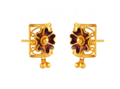 Distinctively Designed Flower Shape 22k Gold Earrings In Meenakari Style - Image 3