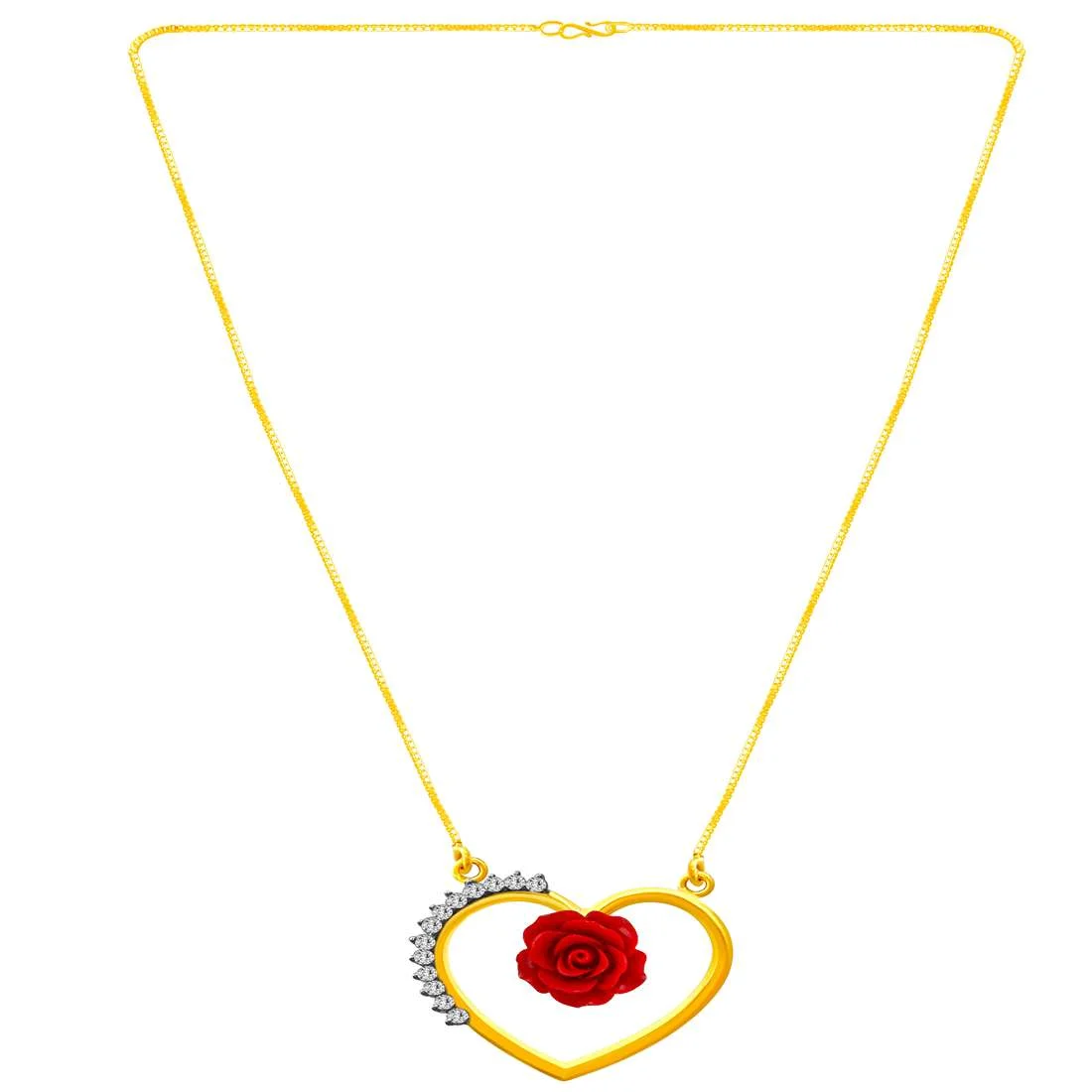 Elegant 22KT (916) Gold Heart Chain-Pendant with Red Rose American Diamond For Your Valentine - Image 3