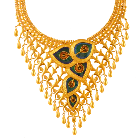 Exquisite 22k Gold Necklace Adorned With Colourful Peacock Feathers - Image 3